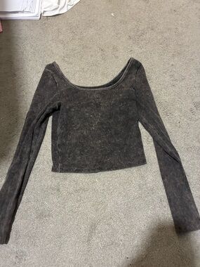 wild fable Charcoal Ribbed Scoop Neck Long-Sleeve Crop Top